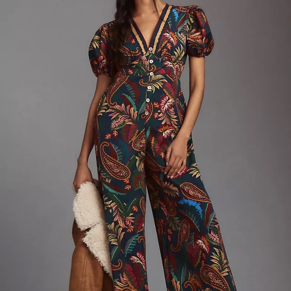 Farm Rio x Anthropologie Puff-Sleeve Printed Jumpsuit